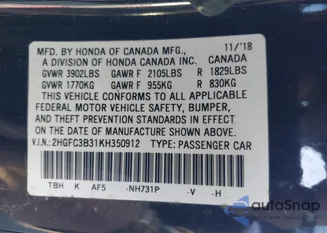 2019 Honda Civic Ex from USA, damaged, VIN 2HGFC3B31KH350912